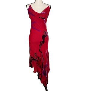 Vintage Cache Dress Red Silk Blend Velvet Burnout Asymmetric Size S Y2K Glam